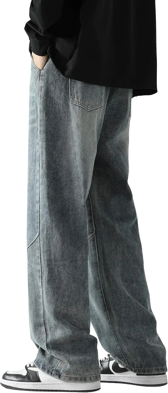 PRIJOUHE Mens Loose Fit Jeans Elastic Waist Wide Leg Baggy Jean Cargo Pants Trousers