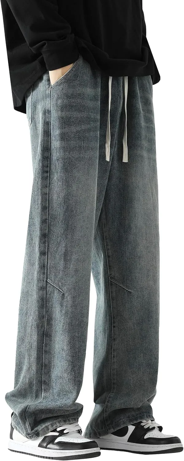PRIJOUHE Mens Loose Fit Jeans Elastic Waist Wide Leg Baggy Jean Cargo Pants Trousers