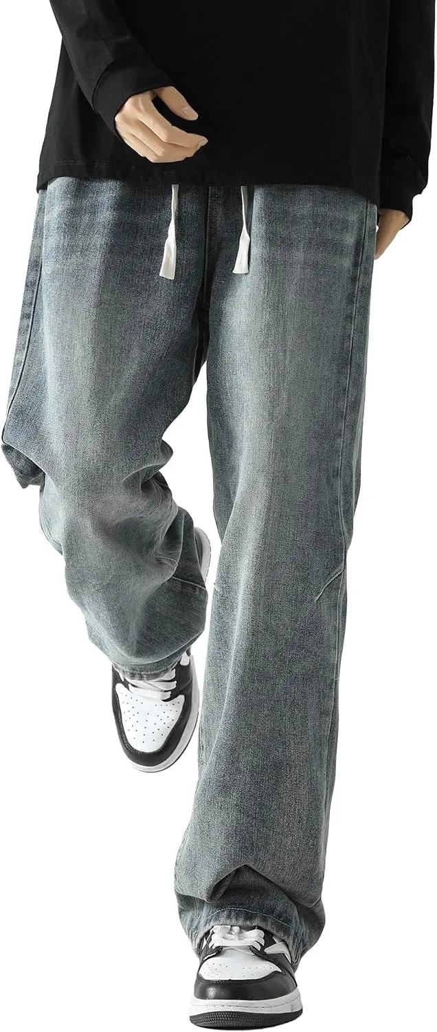 PRIJOUHE Mens Loose Fit Jeans Elastic Waist Wide Leg Baggy Jean Cargo Pants Trousers