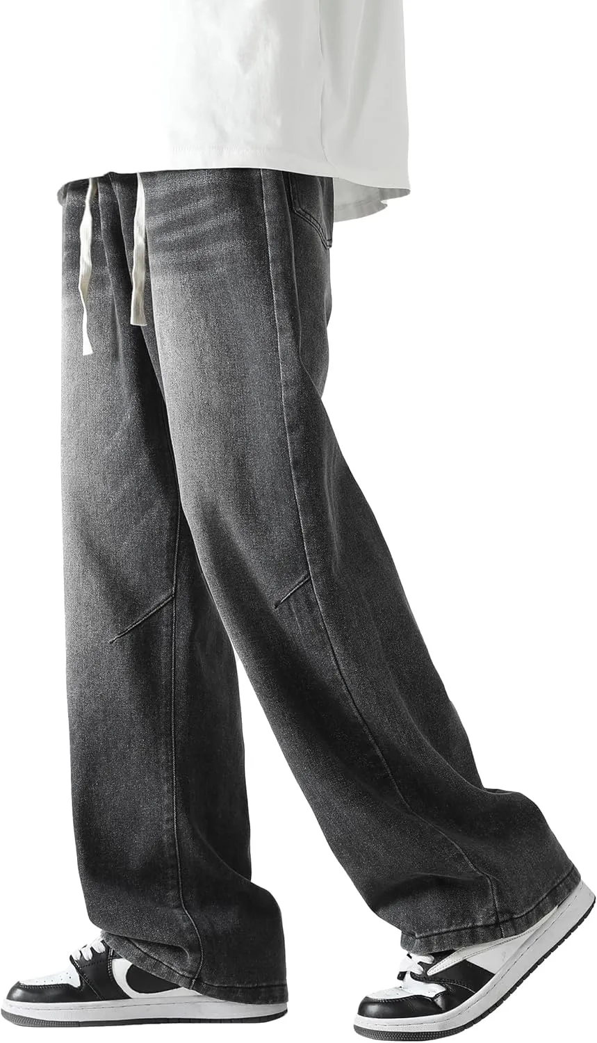 PRIJOUHE Mens Loose Fit Jeans Elastic Waist Wide Leg Baggy Jean Cargo Pants Trousers