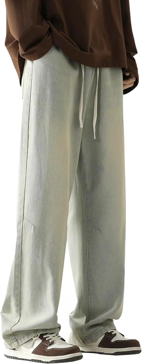 PRIJOUHE Mens Loose Fit Jeans Elastic Waist Wide Leg Baggy Jean Cargo Pants Trousers