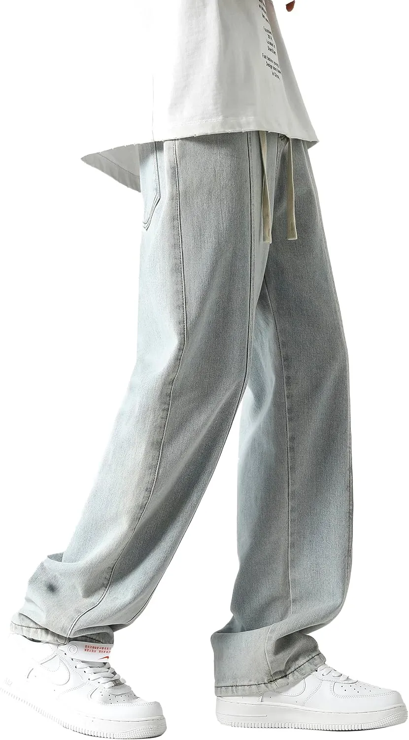 PRIJOUHE Mens Relaxed Fit Jeans Elastic Waist Baggy Denim Cargo Pants Drawstring Trousers