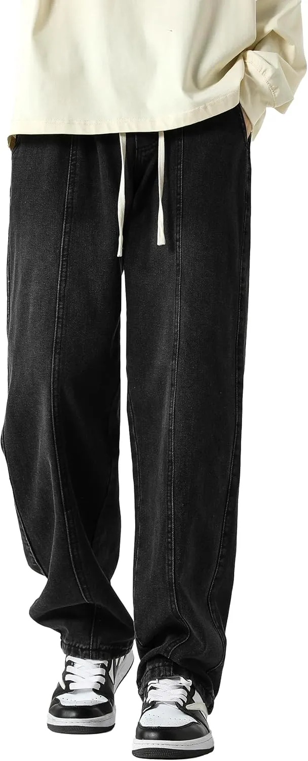 PRIJOUHE Mens Relaxed Fit Jeans Elastic Waist Baggy Denim Cargo Pants Drawstring Trousers