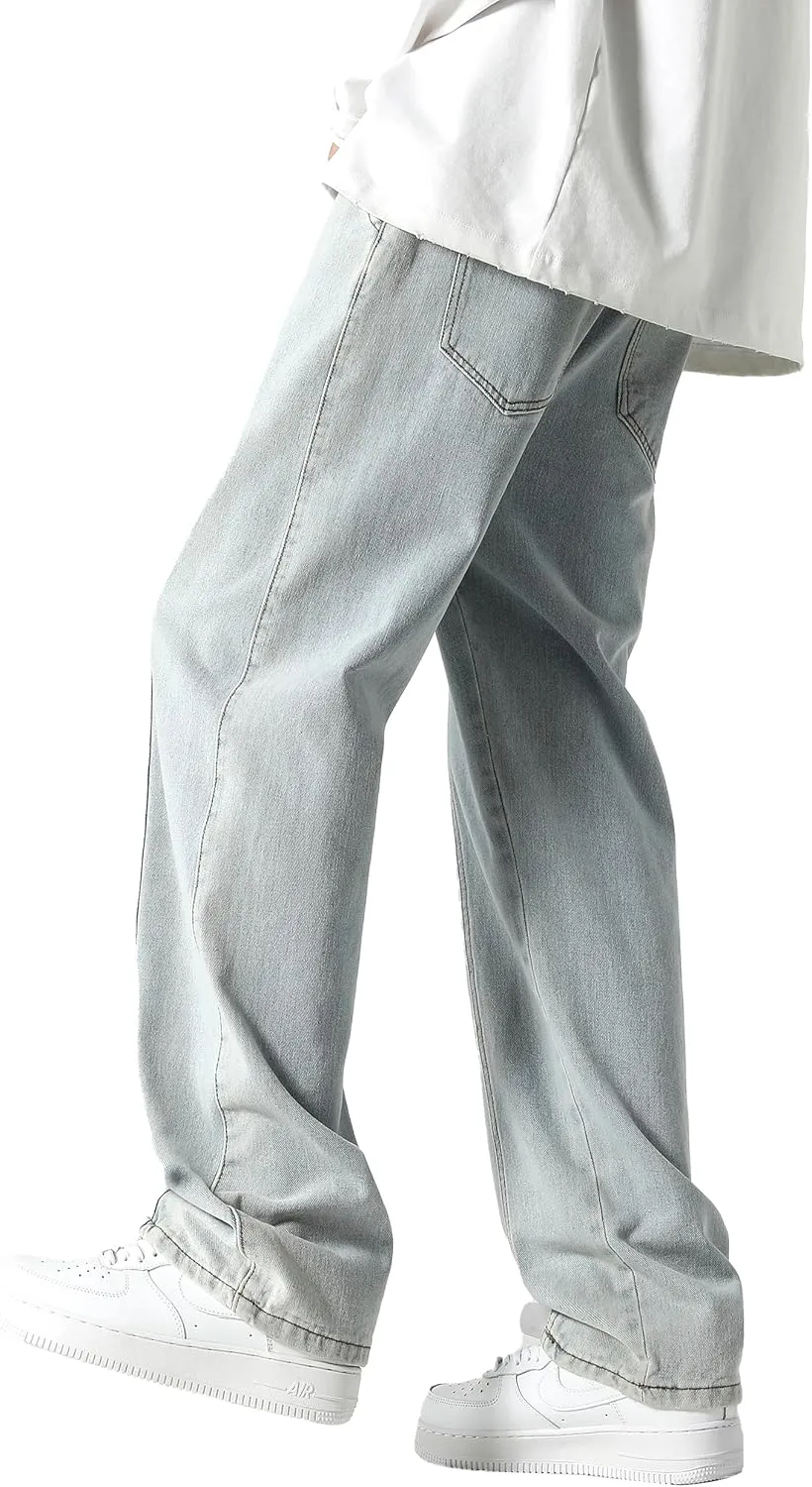 PRIJOUHE Mens Relaxed Fit Jeans Elastic Waist Baggy Denim Cargo Pants Drawstring Trousers