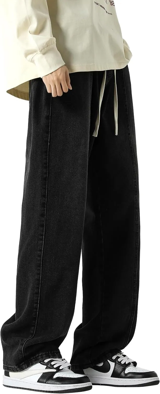 PRIJOUHE Mens Relaxed Fit Jeans Elastic Waist Baggy Denim Cargo Pants Drawstring Trousers