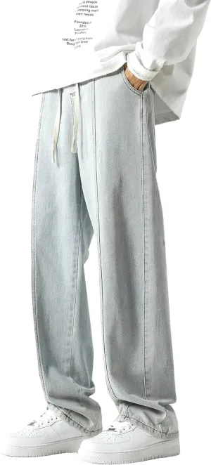PRIJOUHE Mens Relaxed Fit Jeans Elastic Waist Baggy Denim Cargo Pants Drawstring Trousers