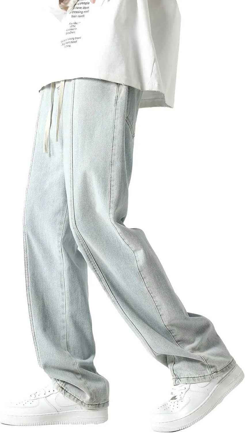 PRIJOUHE Mens Relaxed Fit Jeans Elastic Waist Baggy Denim Cargo Pants Drawstring Trousers
