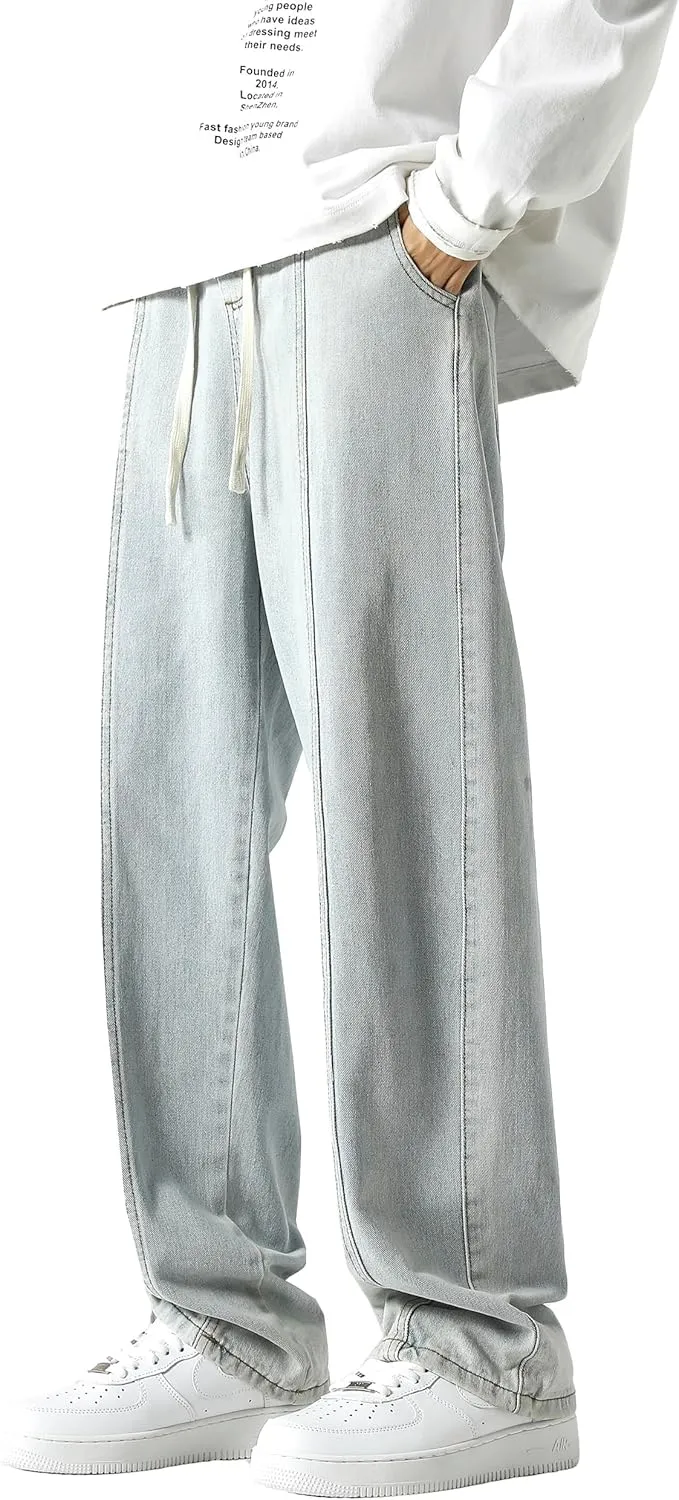 PRIJOUHE Mens Relaxed Fit Jeans Elastic Waist Baggy Denim Cargo Pants Drawstring Trousers
