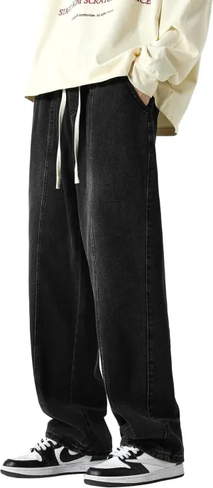 PRIJOUHE Mens Relaxed Fit Jeans Elastic Waist Baggy Denim Cargo Pants Drawstring Trousers