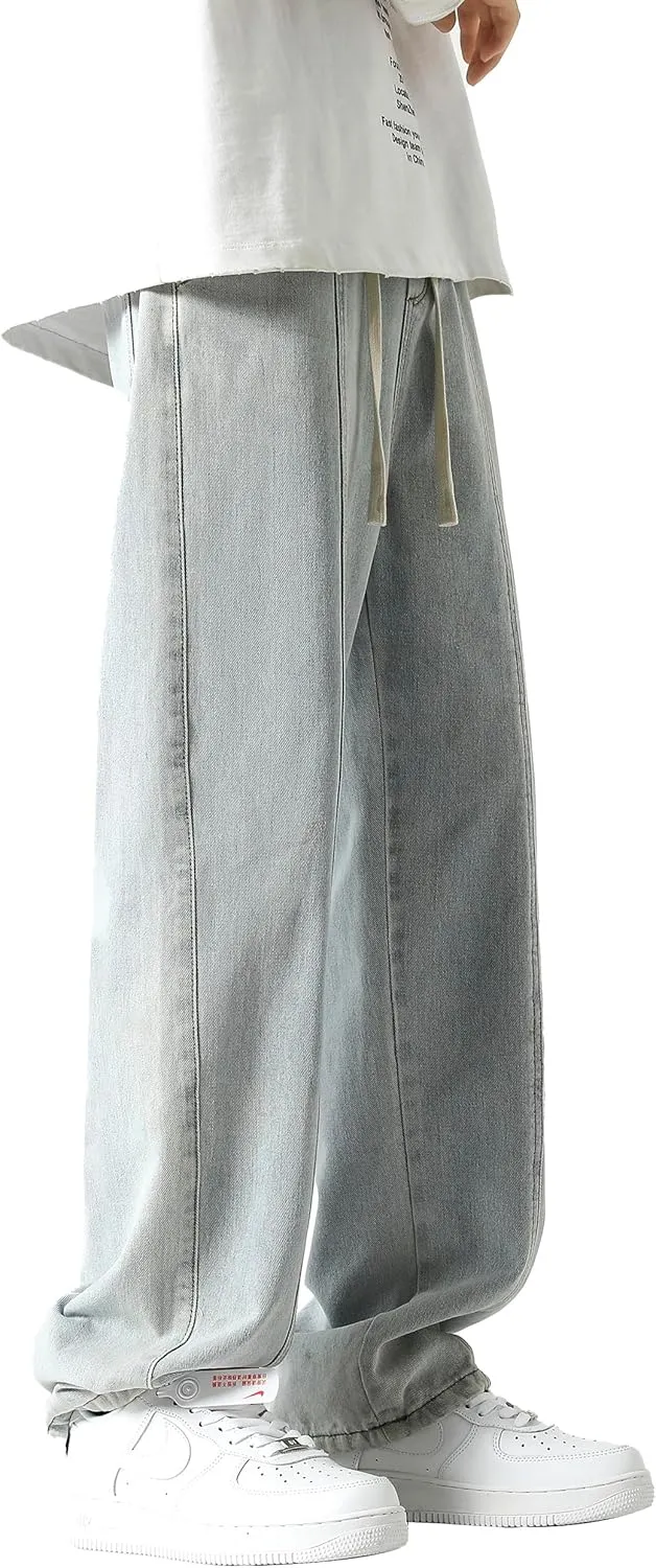 PRIJOUHE Mens Relaxed Fit Jeans Elastic Waist Baggy Denim Cargo Pants Drawstring Trousers