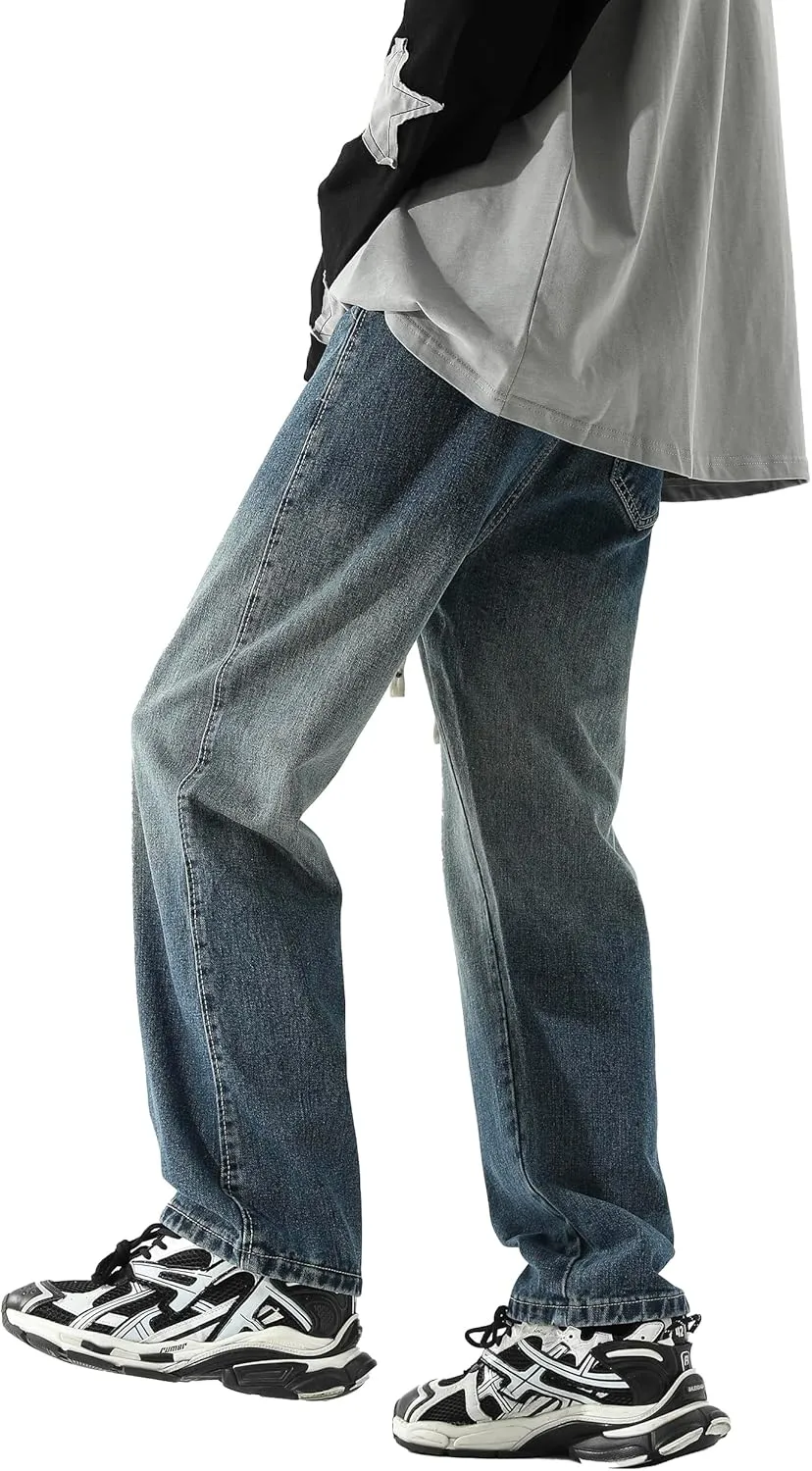 PRIJOUHE Mens Wide Leg Jeans Elastic Waist Baggy Jeans Casual Drawstring Denim Pants Trousers