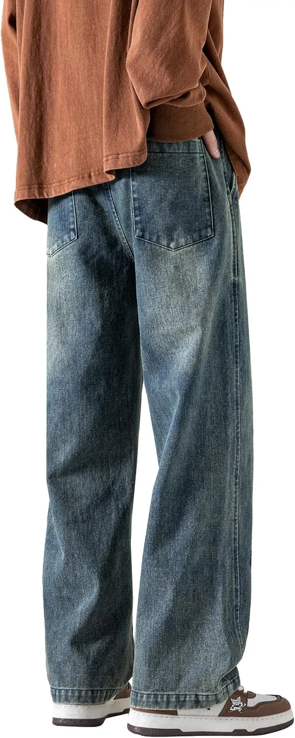 PRIJOUHE Mens Wide Leg Jeans Elastic Waist Baggy Jeans Casual Drawstring Denim Pants Trousers