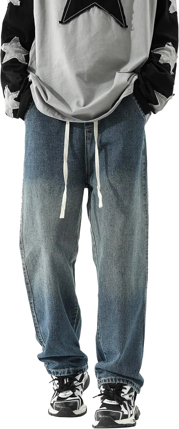 PRIJOUHE Mens Wide Leg Jeans Elastic Waist Baggy Jeans Casual Drawstring Denim Pants Trousers