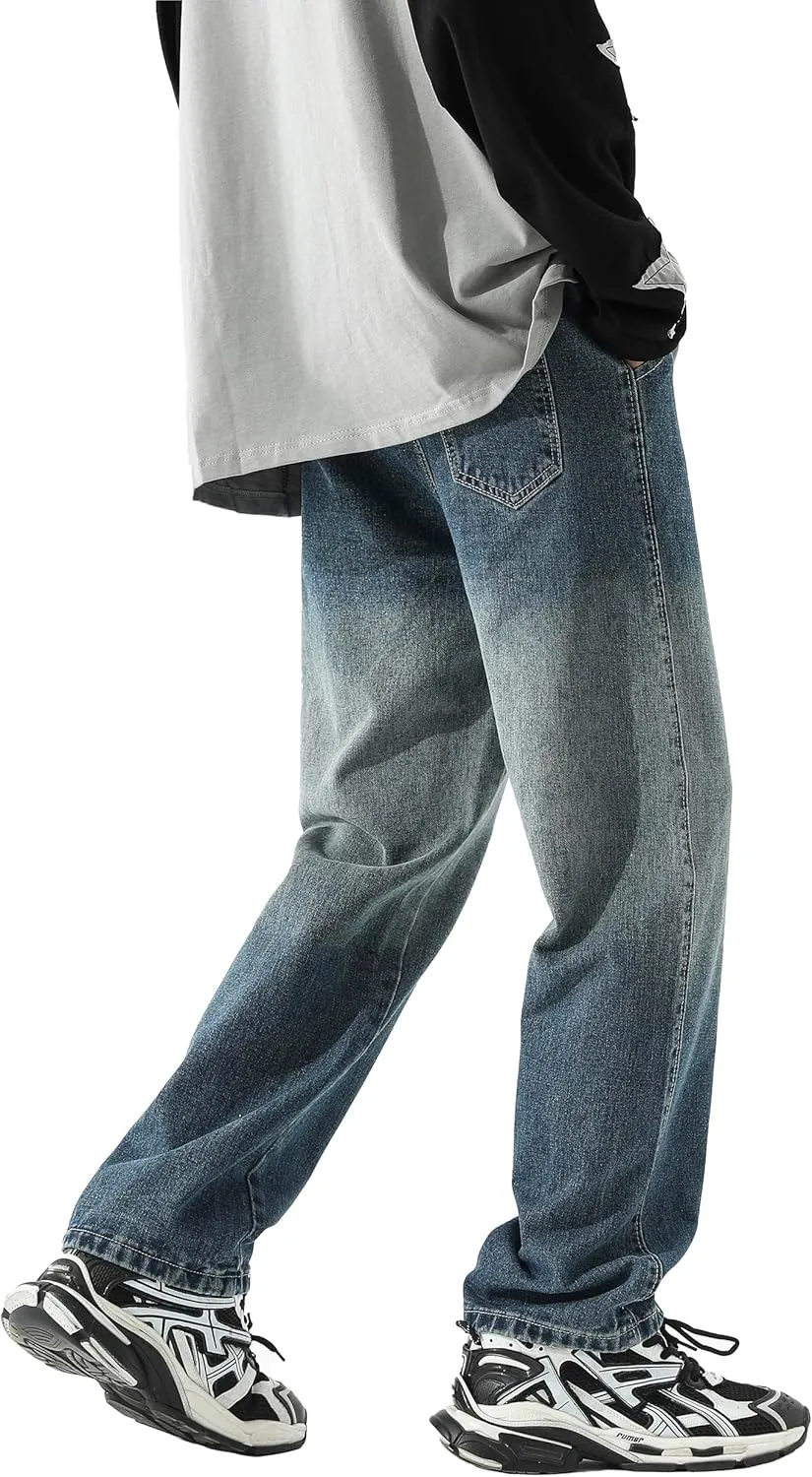 PRIJOUHE Mens Wide Leg Jeans Elastic Waist Baggy Jeans Casual Drawstring Denim Pants Trousers