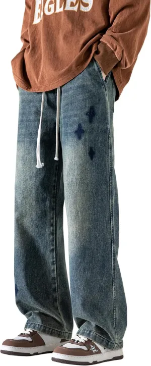 PRIJOUHE Mens Wide Leg Jeans Elastic Waist Baggy Jeans Casual Drawstring Denim Pants Trousers