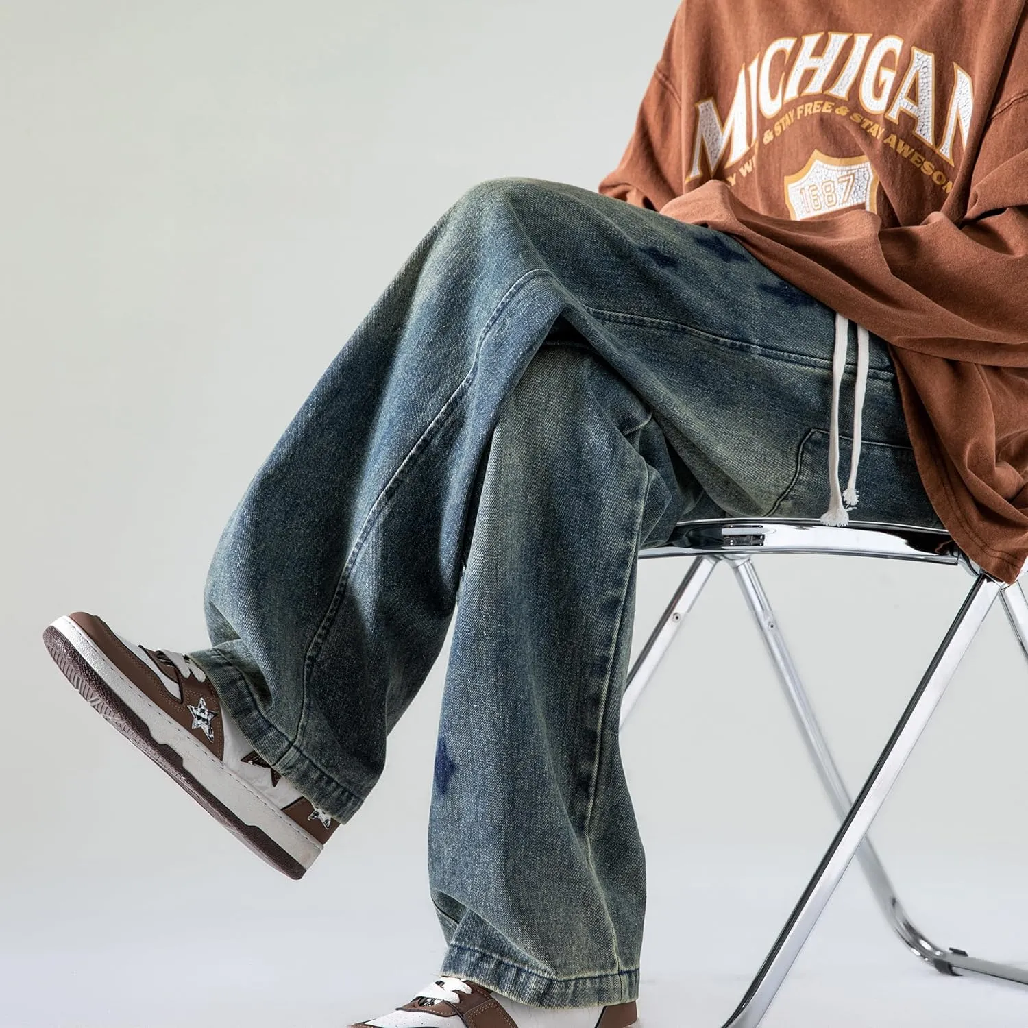 PRIJOUHE Mens Wide Leg Jeans Elastic Waist Baggy Jeans Casual Drawstring Denim Pants Trousers