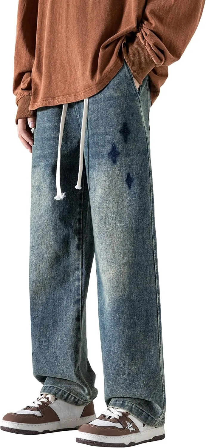 PRIJOUHE Mens Wide Leg Jeans Elastic Waist Baggy Jeans Casual Drawstring Denim Pants Trousers