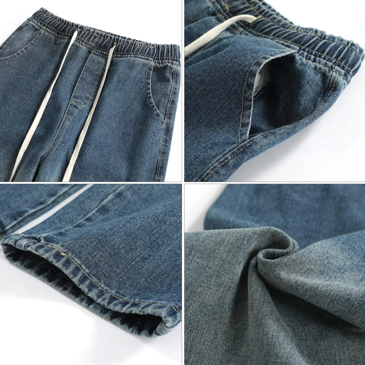 PRIJOUHE Mens Wide Leg Jeans Elastic Waist Baggy Jeans Casual Drawstring Denim Pants Trousers