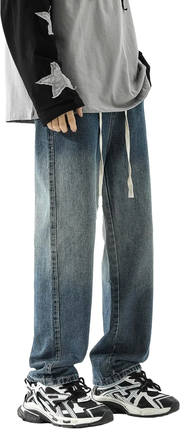 PRIJOUHE Mens Wide Leg Jeans Elastic Waist Baggy Jeans Casual Drawstring Denim Pants Trousers