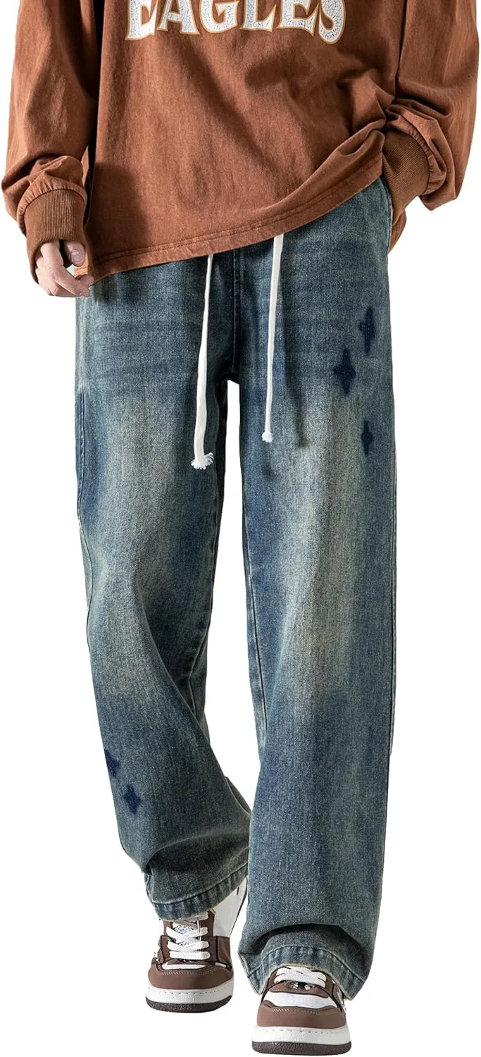 PRIJOUHE Mens Wide Leg Jeans Elastic Waist Baggy Jeans Casual Drawstring Denim Pants Trousers
