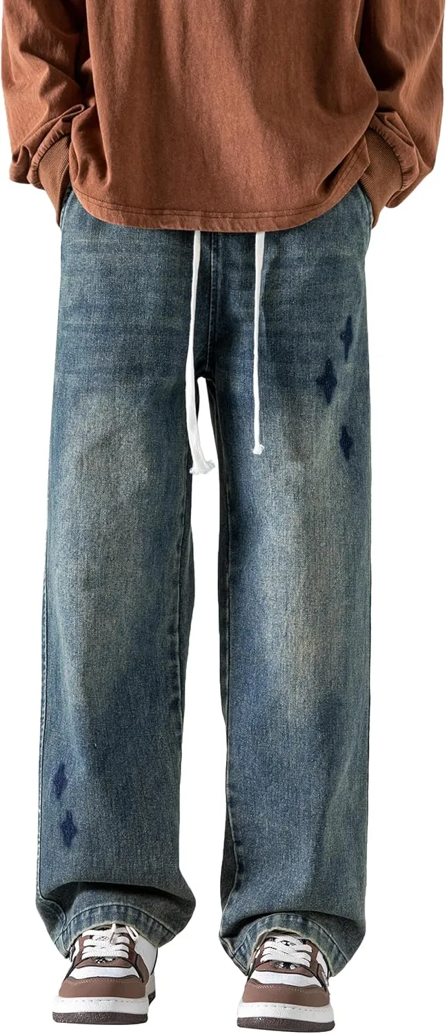 PRIJOUHE Mens Wide Leg Jeans Elastic Waist Baggy Jeans Casual Drawstring Denim Pants Trousers