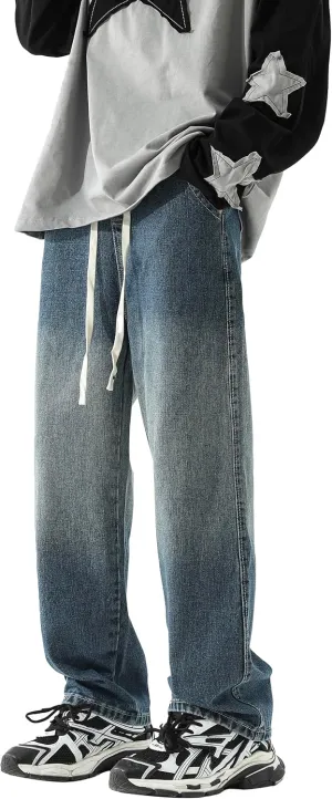 PRIJOUHE Mens Wide Leg Jeans Elastic Waist Baggy Jeans Casual Drawstring Denim Pants Trousers