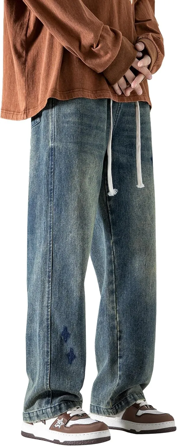 PRIJOUHE Mens Wide Leg Jeans Elastic Waist Baggy Jeans Casual Drawstring Denim Pants Trousers