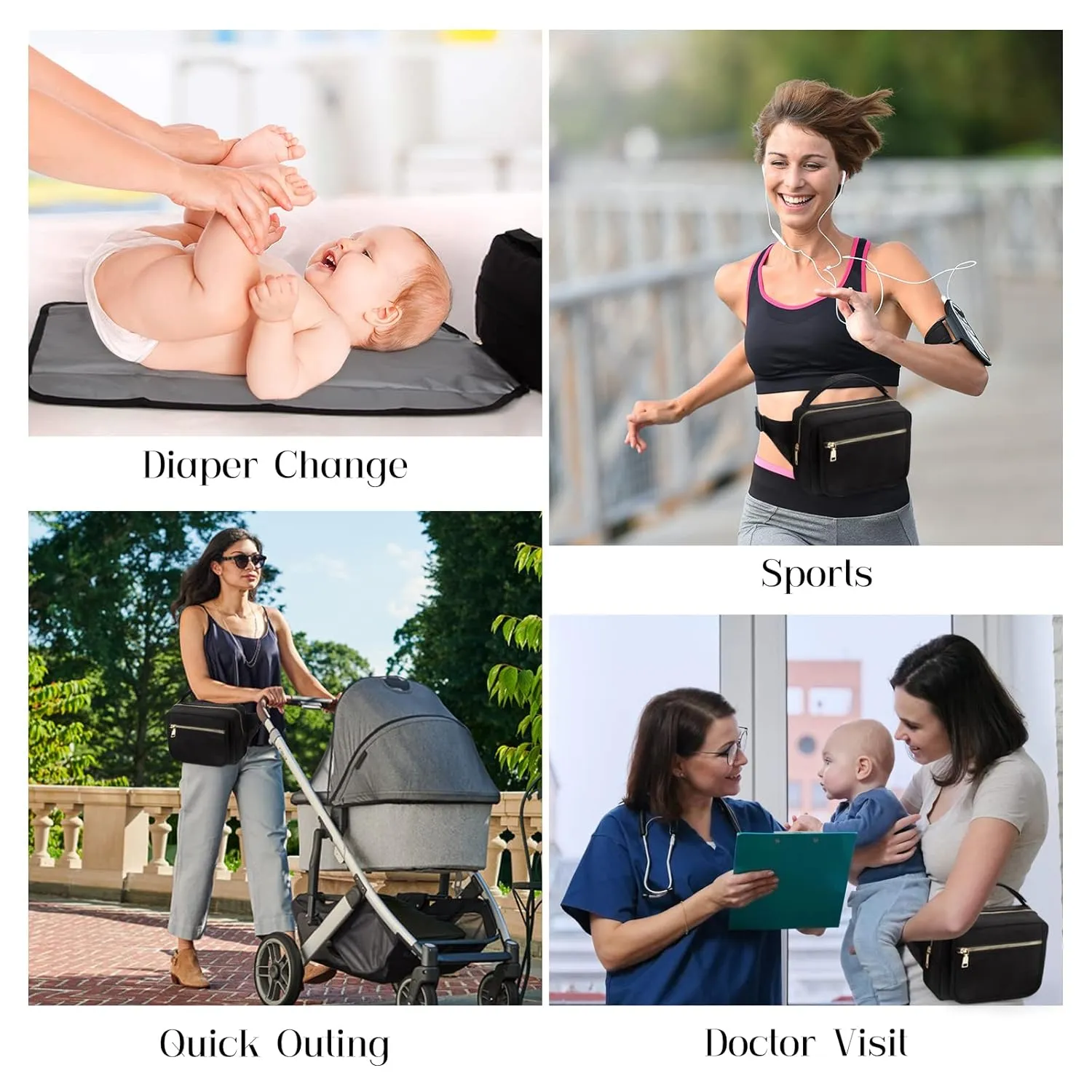 printe Small Diaper Bag with Portable Changing Pad, Crossbody Women Waist Bag with Wipes Pocket for Travel, Stroller Funny Pack, Black