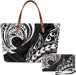 PU Leather Purse Samoan Polynesian Tribal Large Capacity Tote Bag Shoulder Bags Wallet Set 2pcs Shoulder Bags