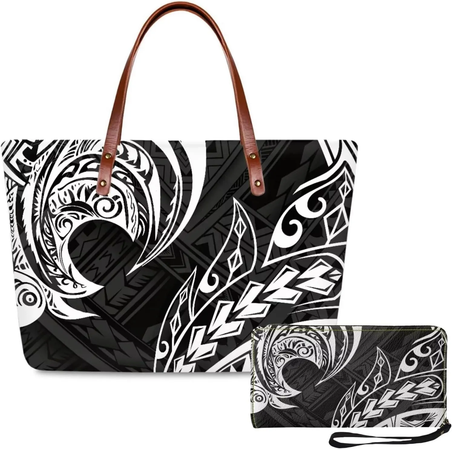 PU Leather Purse Samoan Polynesian Tribal Large Capacity Tote Bag Shoulder Bags Wallet Set 2pcs Shoulder Bags