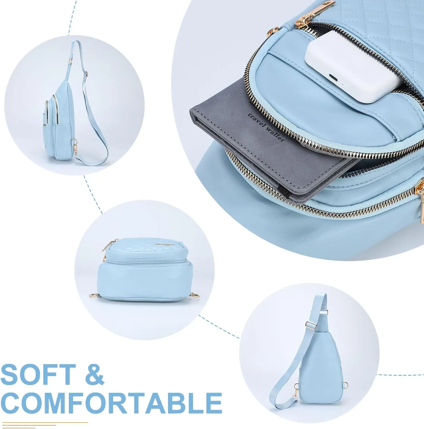PU Leather Small Sling Bag Mini Crossbody Backpack Daypack - 7.9" Good for Hiking Travel Running Cycling Sports - Blue