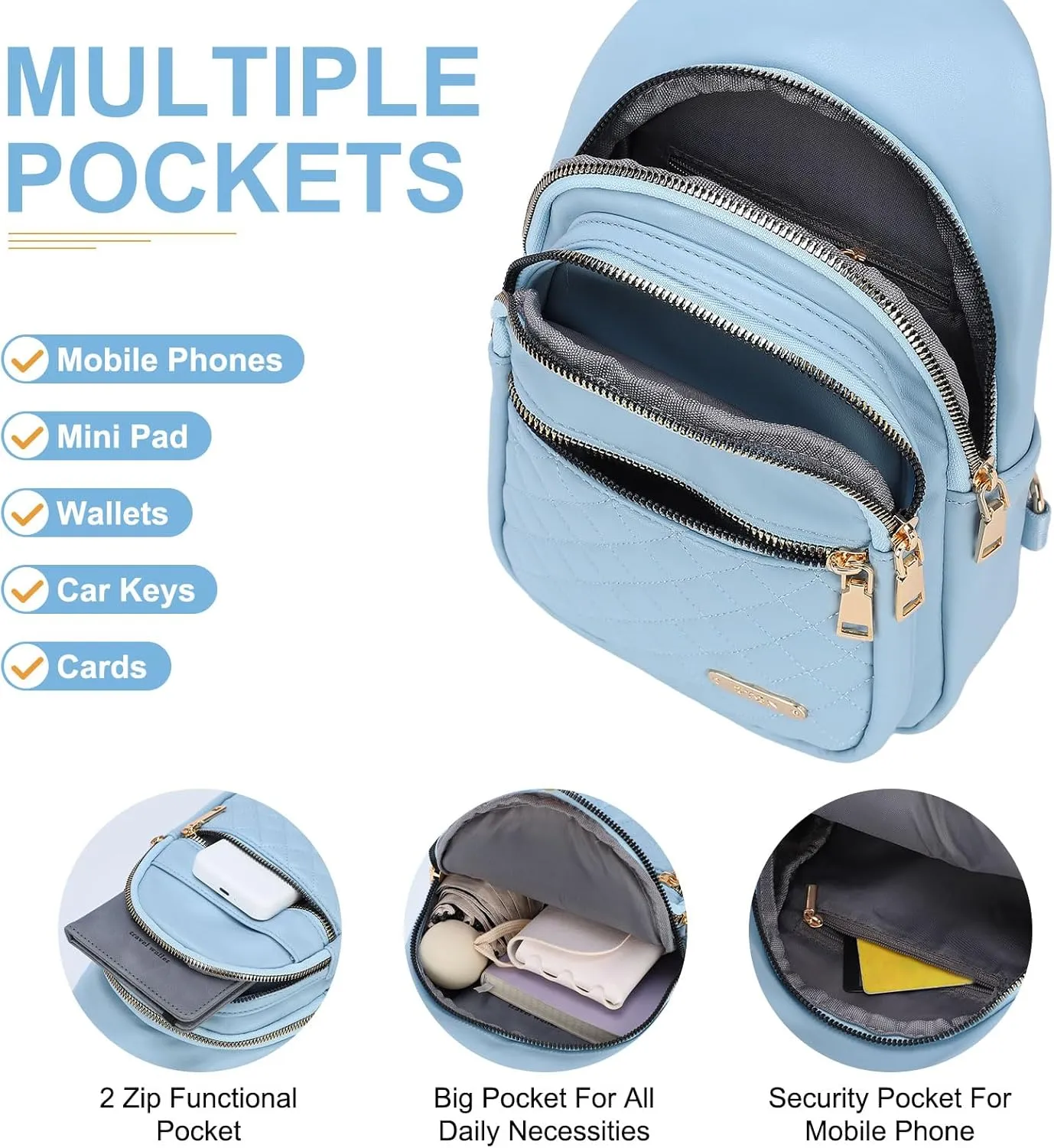 PU Leather Small Sling Bag Mini Crossbody Backpack Daypack - 7.9" Good for Hiking Travel Running Cycling Sports - Blue