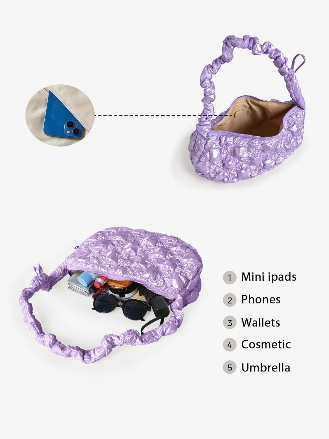 Puffer Quilted Crossbody Bags for Women Small Shoulder Bag Handbag Crescent Purse with Adjustable Strap