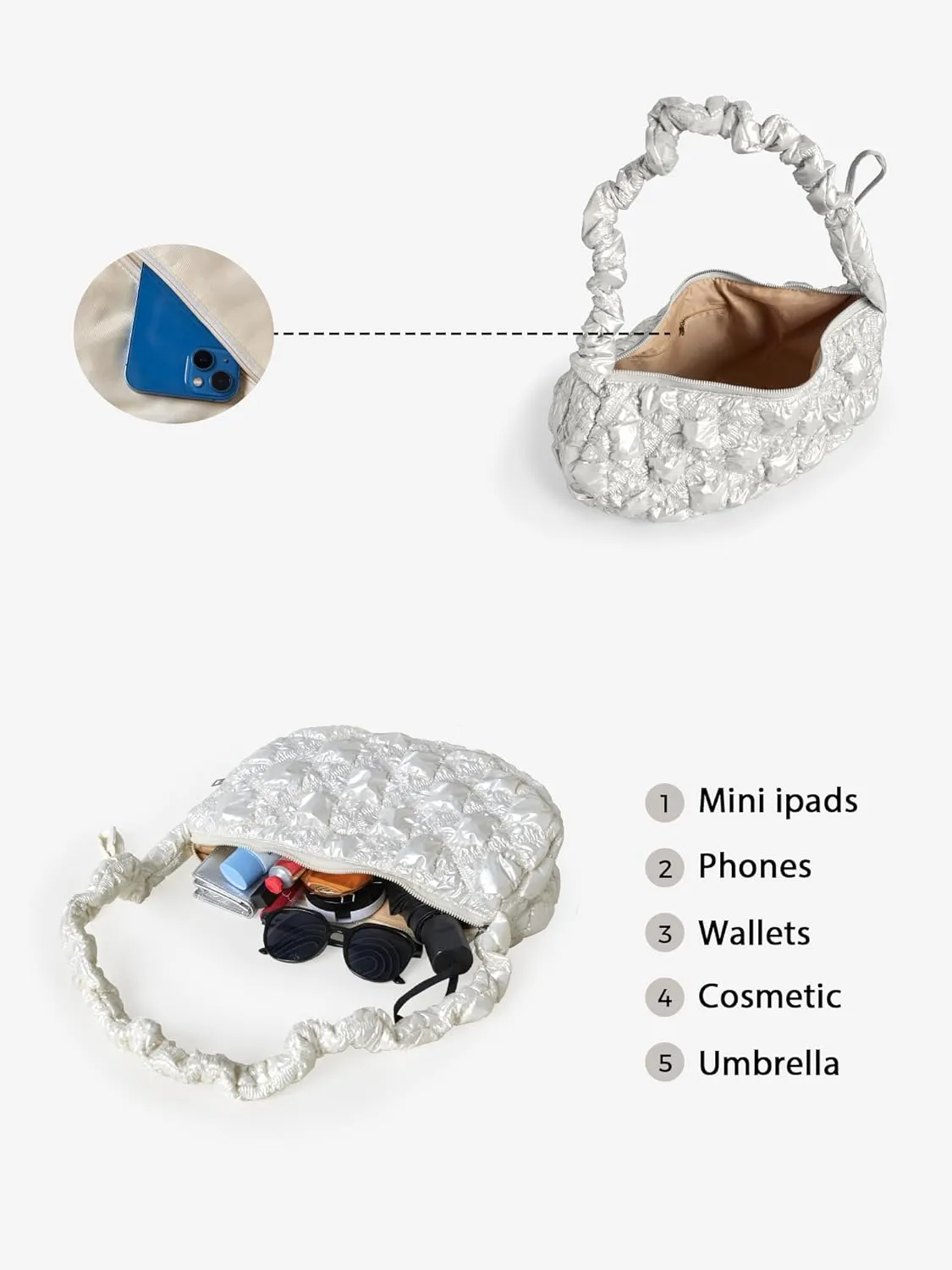 Puffer Quilted Crossbody Bags for Women Small Shoulder Bag Handbag Crescent Purse with Adjustable Strap