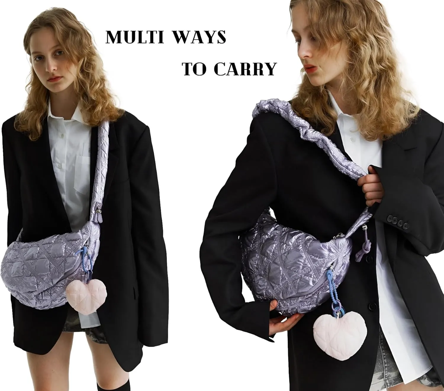 Puffer Quilted Crossbody Bags for Women Small Shoulder Bag Handbag Crescent Purse with Adjustable Strap