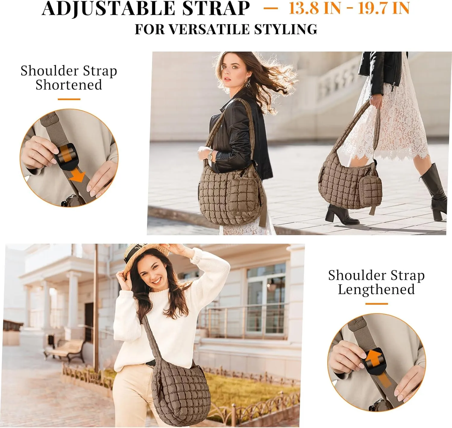 Puffer Tote Bag Quilted Carryall Bag Adjustable Shoulder Long Strap Puffy Hobo Crossbody Bag for Women with Detachable Pouch