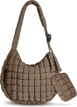Puffer Tote Bag Quilted Carryall Bag Adjustable Shoulder Long Strap Puffy Hobo Crossbody Bag for Women with Detachable Pouch