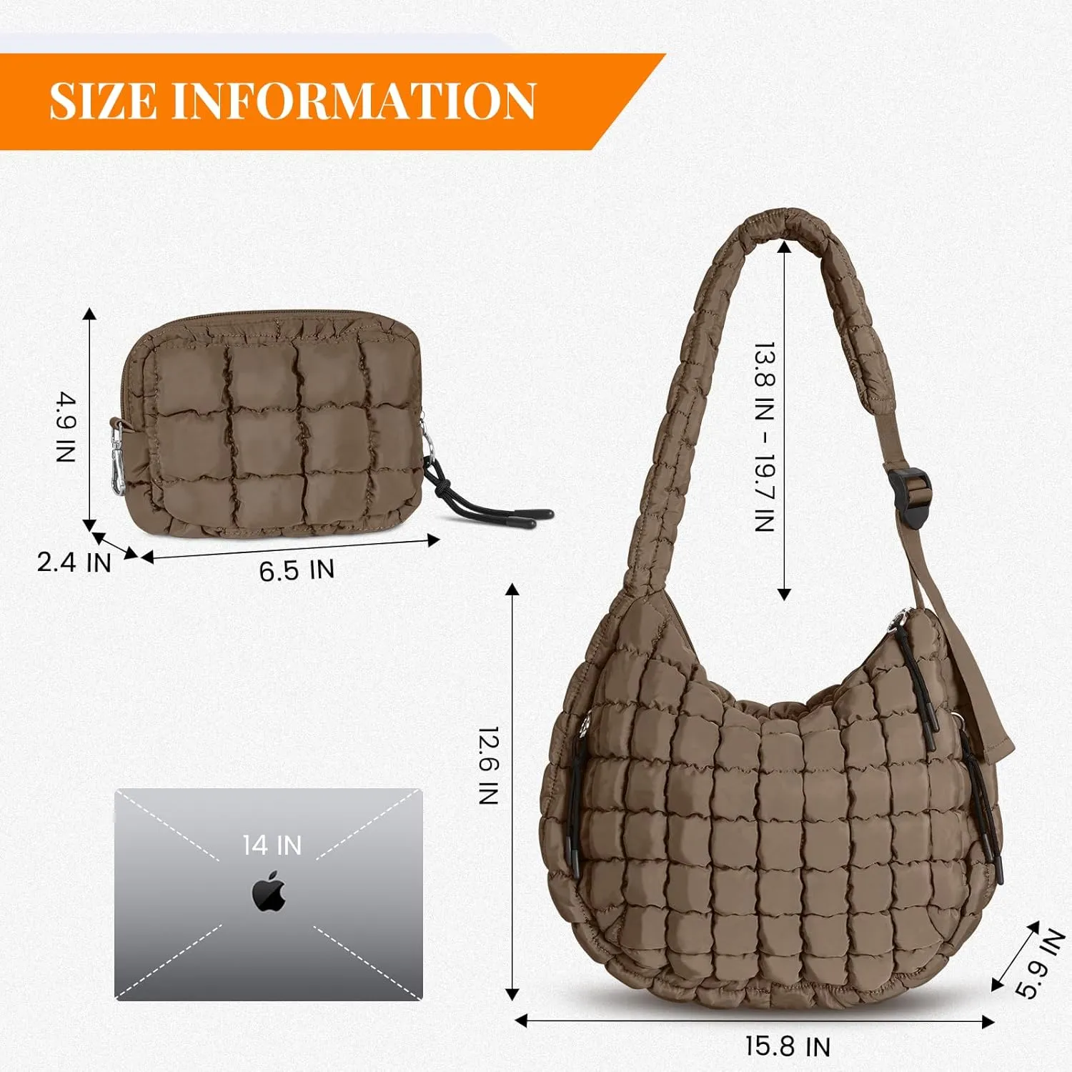 Puffer Tote Bag Quilted Carryall Bag Adjustable Shoulder Long Strap Puffy Hobo Crossbody Bag for Women with Detachable Pouch