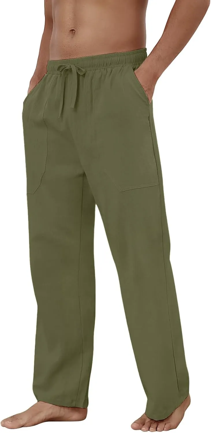 Puimentiua Cotton Linen Pants Men Casual Loose Fit Elastic Drawstring Waist Summer Beach Pants