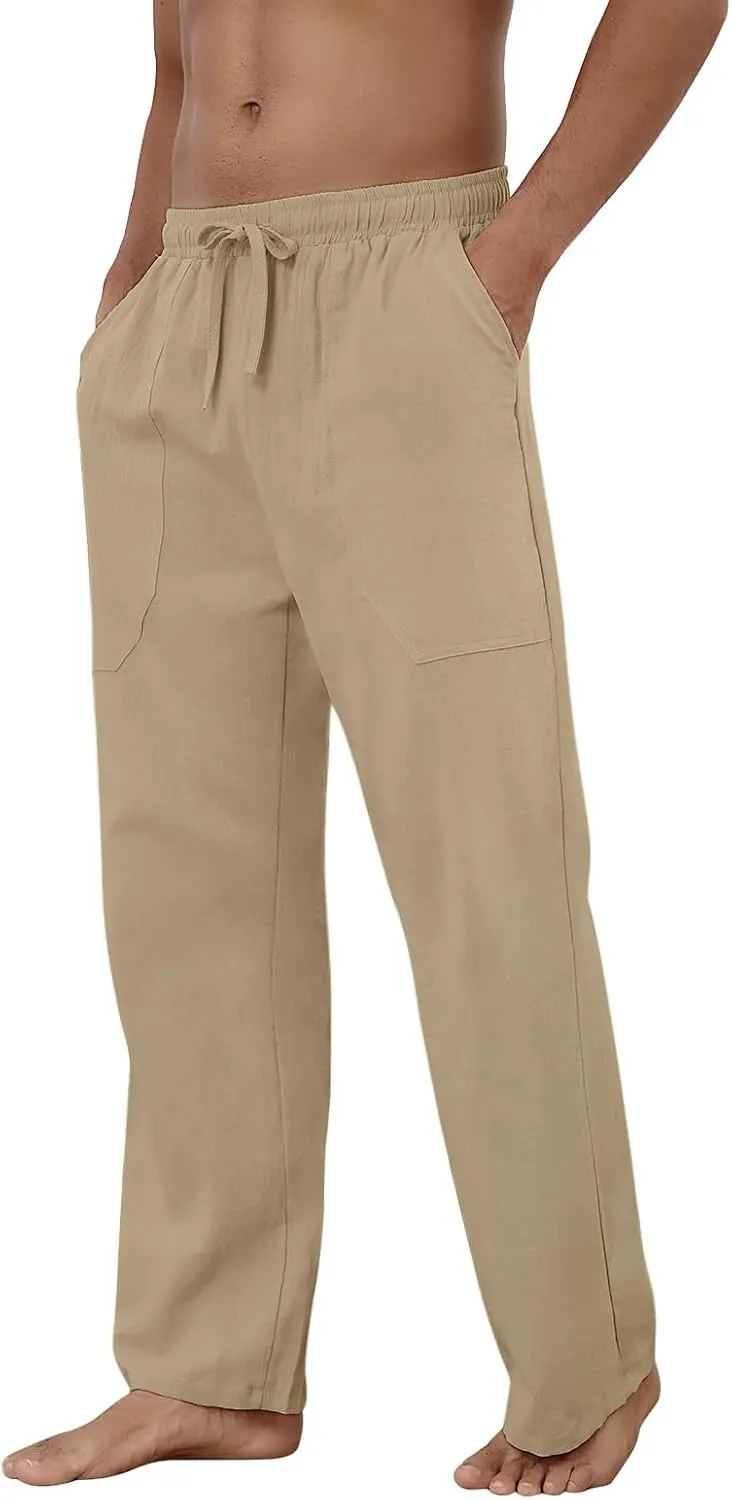 Puimentiua Cotton Linen Pants Men Casual Loose Fit Elastic Drawstring Waist Summer Beach Pants