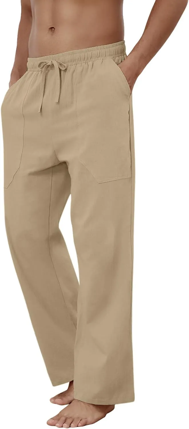Puimentiua Cotton Linen Pants Men Casual Loose Fit Elastic Drawstring Waist Summer Beach Pants