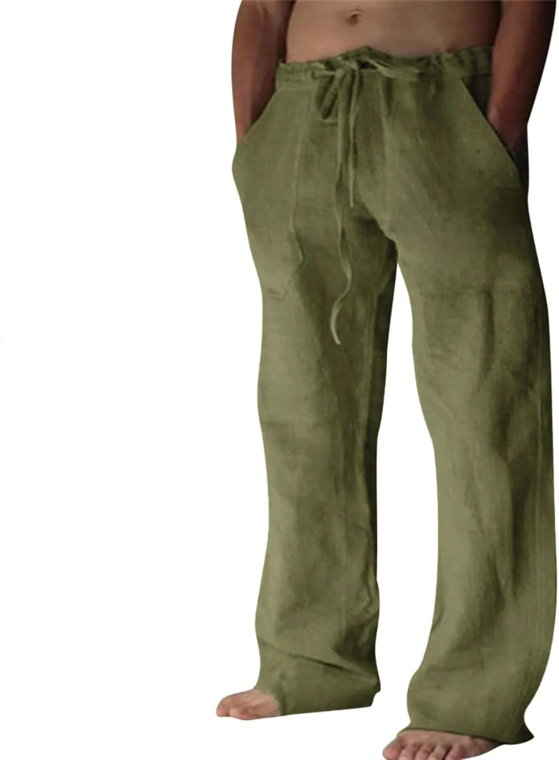 Puimentiua Cotton Linen Pants Men Casual Loose Fit Elastic Drawstring Waist Summer Beach Pants
