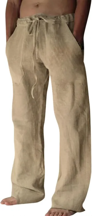 Puimentiua Cotton Linen Pants Men Casual Loose Fit Elastic Drawstring Waist Summer Beach Pants