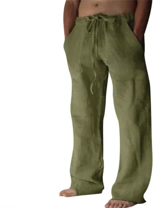 Puimentiua Cotton Linen Pants Men Casual Loose Fit Elastic Drawstring Waist Summer Beach Pants