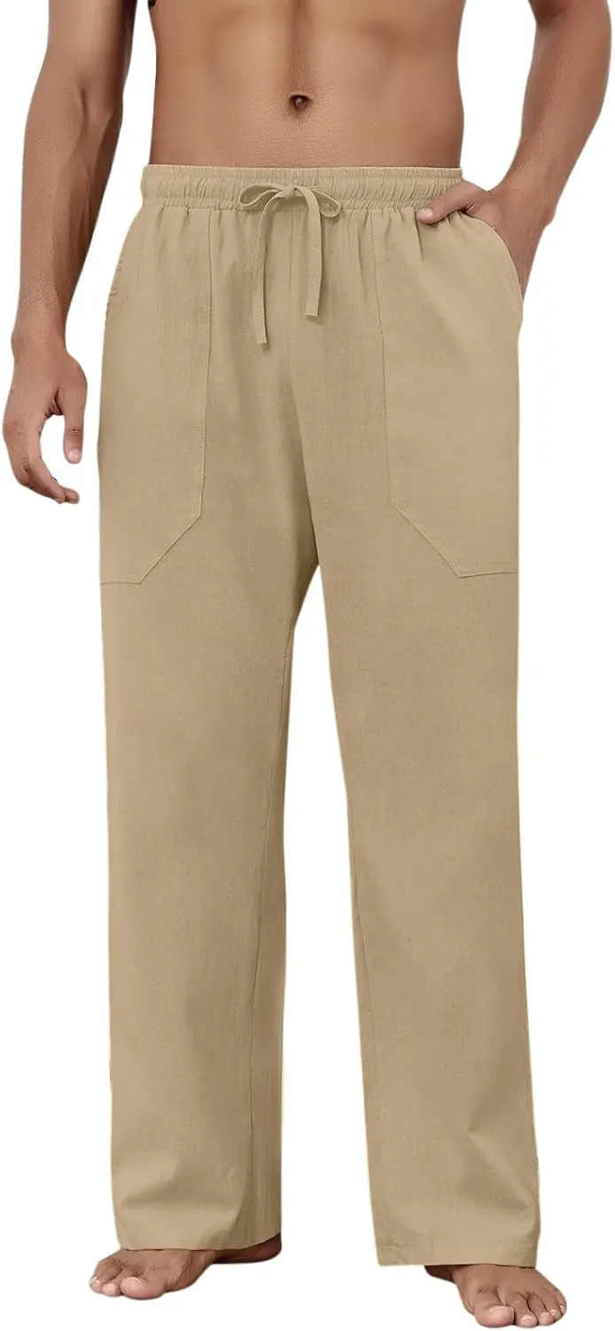 Puimentiua Cotton Linen Pants Men Casual Loose Fit Elastic Drawstring Waist Summer Beach Pants