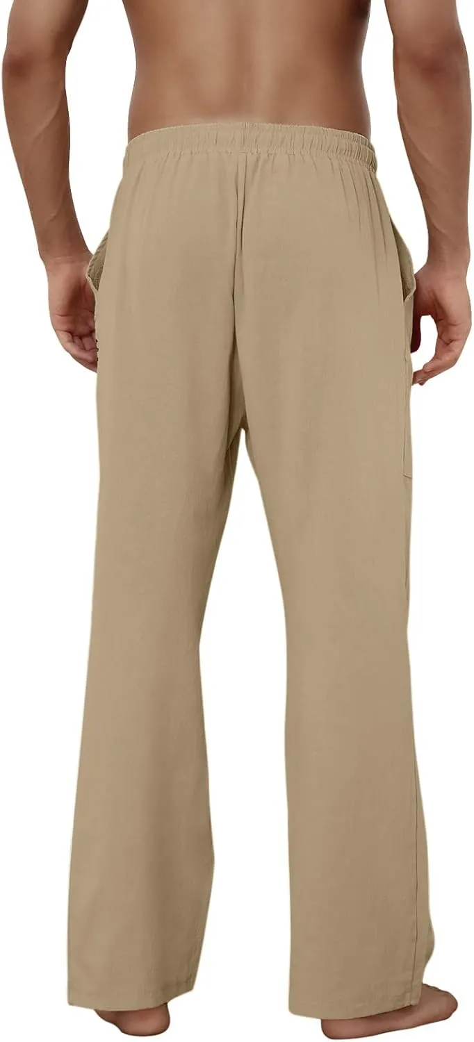 Puimentiua Cotton Linen Pants Men Casual Loose Fit Elastic Drawstring Waist Summer Beach Pants
