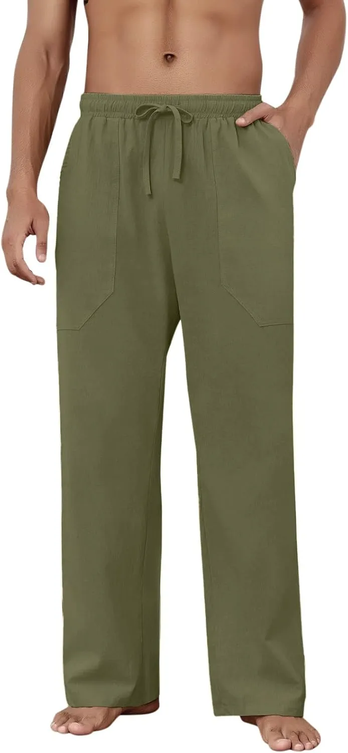Puimentiua Cotton Linen Pants Men Casual Loose Fit Elastic Drawstring Waist Summer Beach Pants