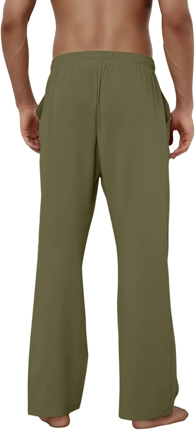 Puimentiua Cotton Linen Pants Men Casual Loose Fit Elastic Drawstring Waist Summer Beach Pants