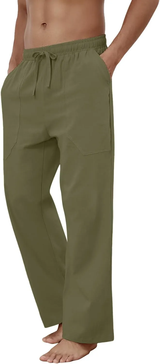 Puimentiua Cotton Linen Pants Men Casual Loose Fit Elastic Drawstring Waist Summer Beach Pants