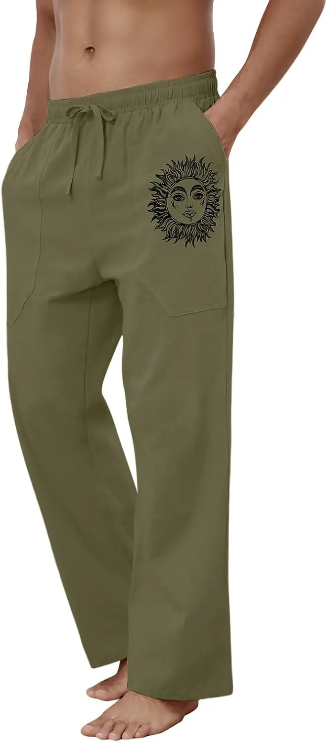 Puimentiua Cotton Linen Pants Men, Summer Beach Pants Loose Fit with Elastic Waist Drawstring